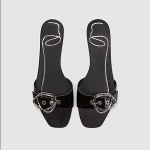 Zara Flat Leather Slides With Buckle Detail